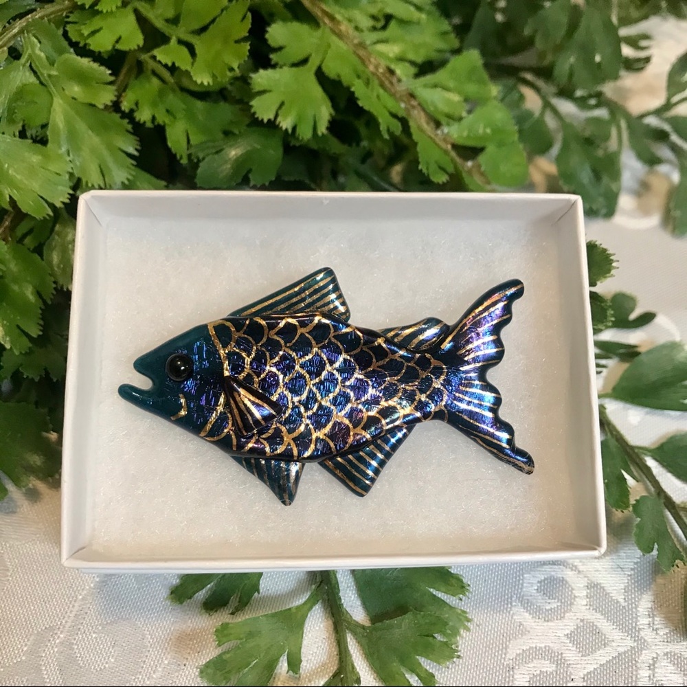 Navy blue iridescent “fish” brooch